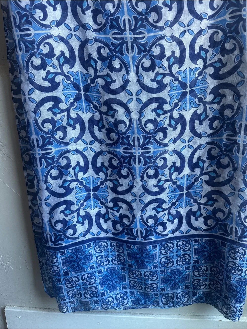 Blue Tile Print Scarf Wrap Blue White Mediterranean Boho Euro Summer 104x78
